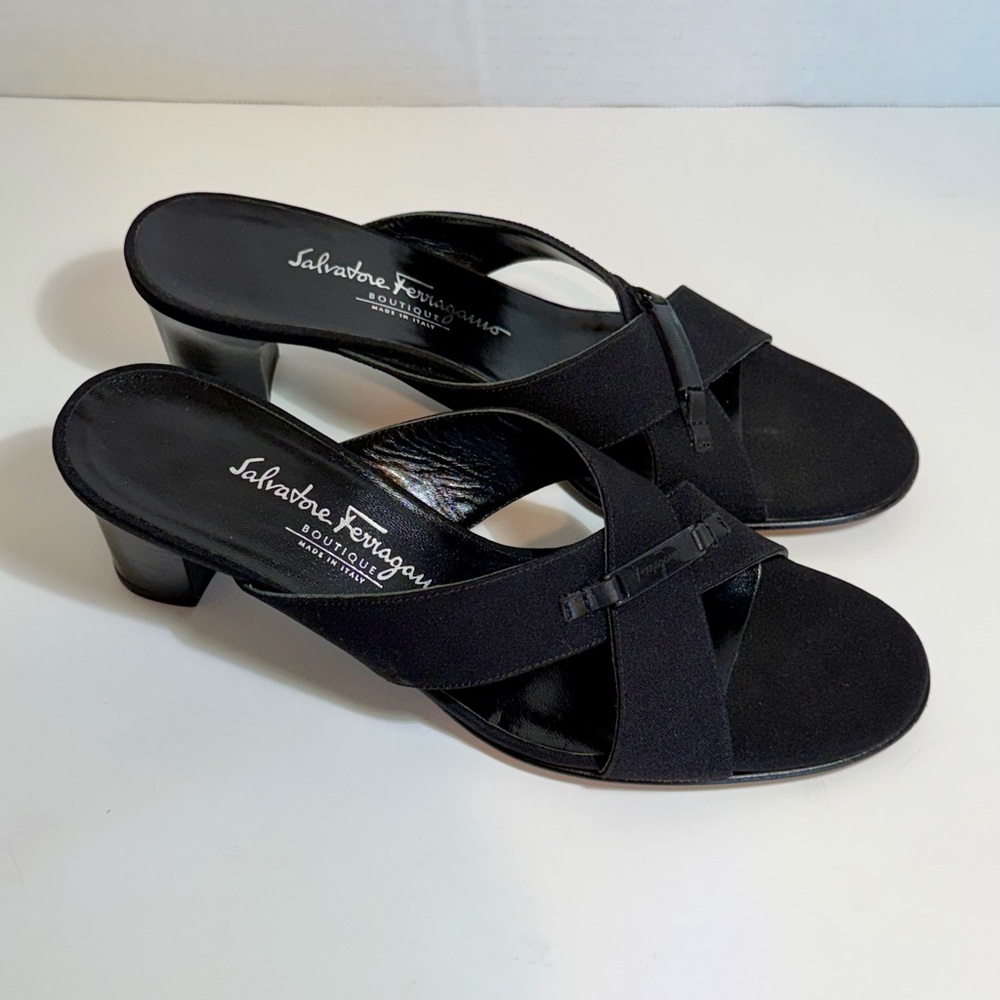 Salvatore Ferragamo Black Suede Crossband Low Heel Mules
